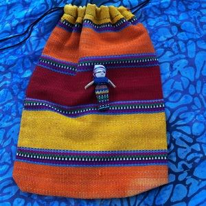 💜💜SALE 3/$15💜💜Guatemalan woven drawstring pouch, Worry Doll attached.
